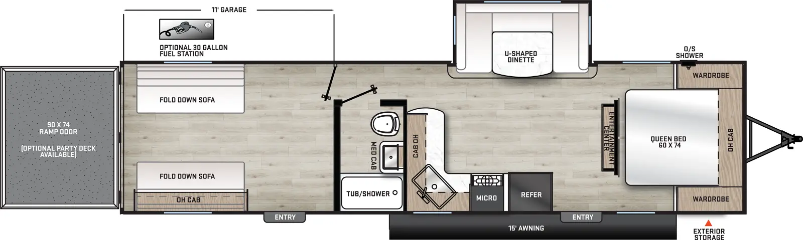 The 29ATH has one slide out on the off-door side and two entry doors on the door side. Interior layout from front to back: foot facing queen bed with overhead cabinet and wardrobes on either side; entertainment center; off-door side slide out containing u-shaped dinette; door side kitchen containing refrigerator, cook top stove, microwave cabinet, double basin sink, and overhead cabinet; door side bathroom; and dinette table with fold down sofa.